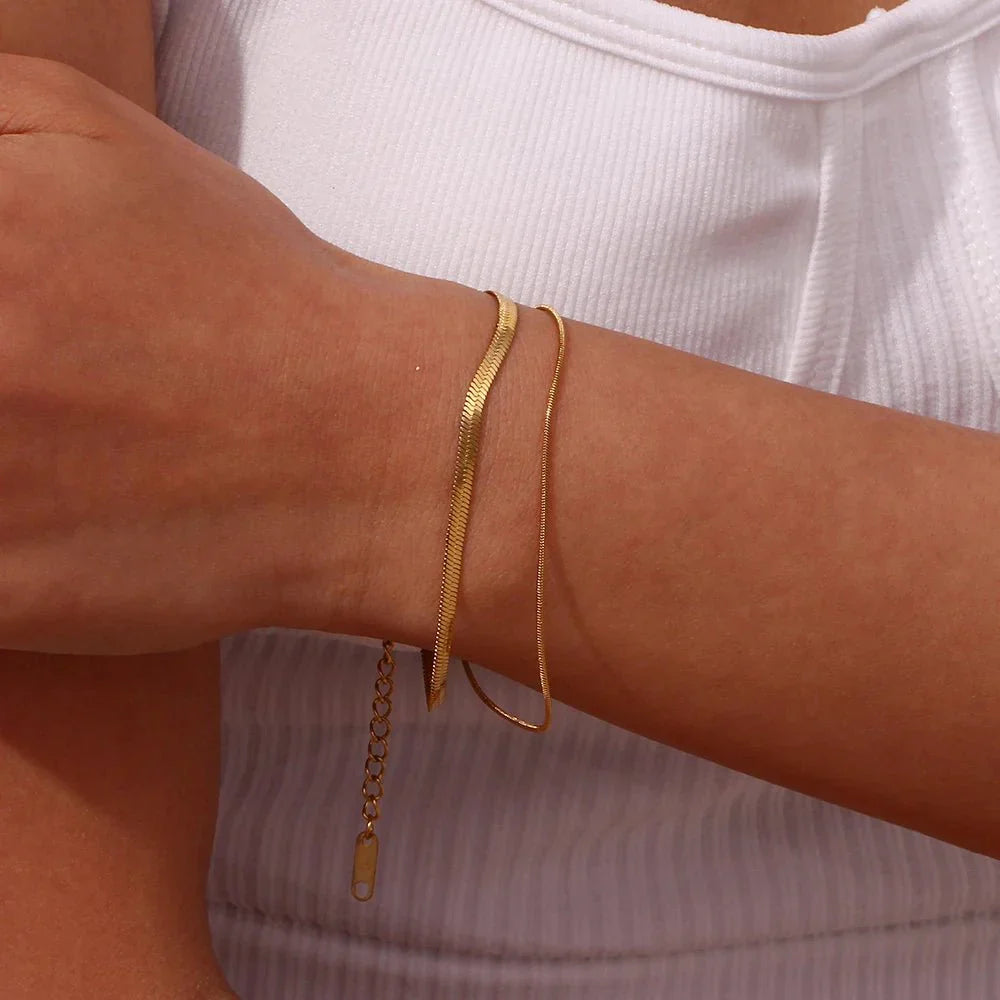 Maliben | Minimal Herringbone & Dainty Snake Chain Layered Bracelet