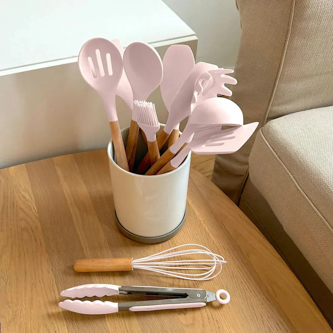 Maliben | Non-Toxic Bpa-Free Silicone Cooking Utensil Set With Wooden Handles Lattea