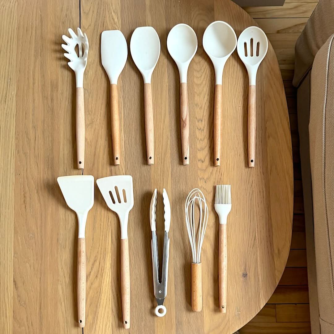Maliben | Non-Toxic Bpa-Free Silicone Cooking Utensil Set With Wooden Handles Lattea