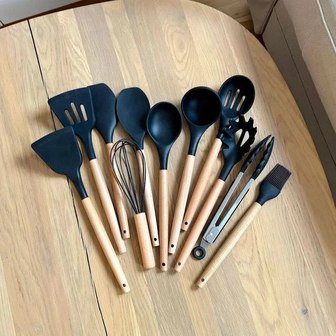 Maliben | Non-Toxic Bpa-Free Silicone Cooking Utensil Set With Wooden Handles Lattea
