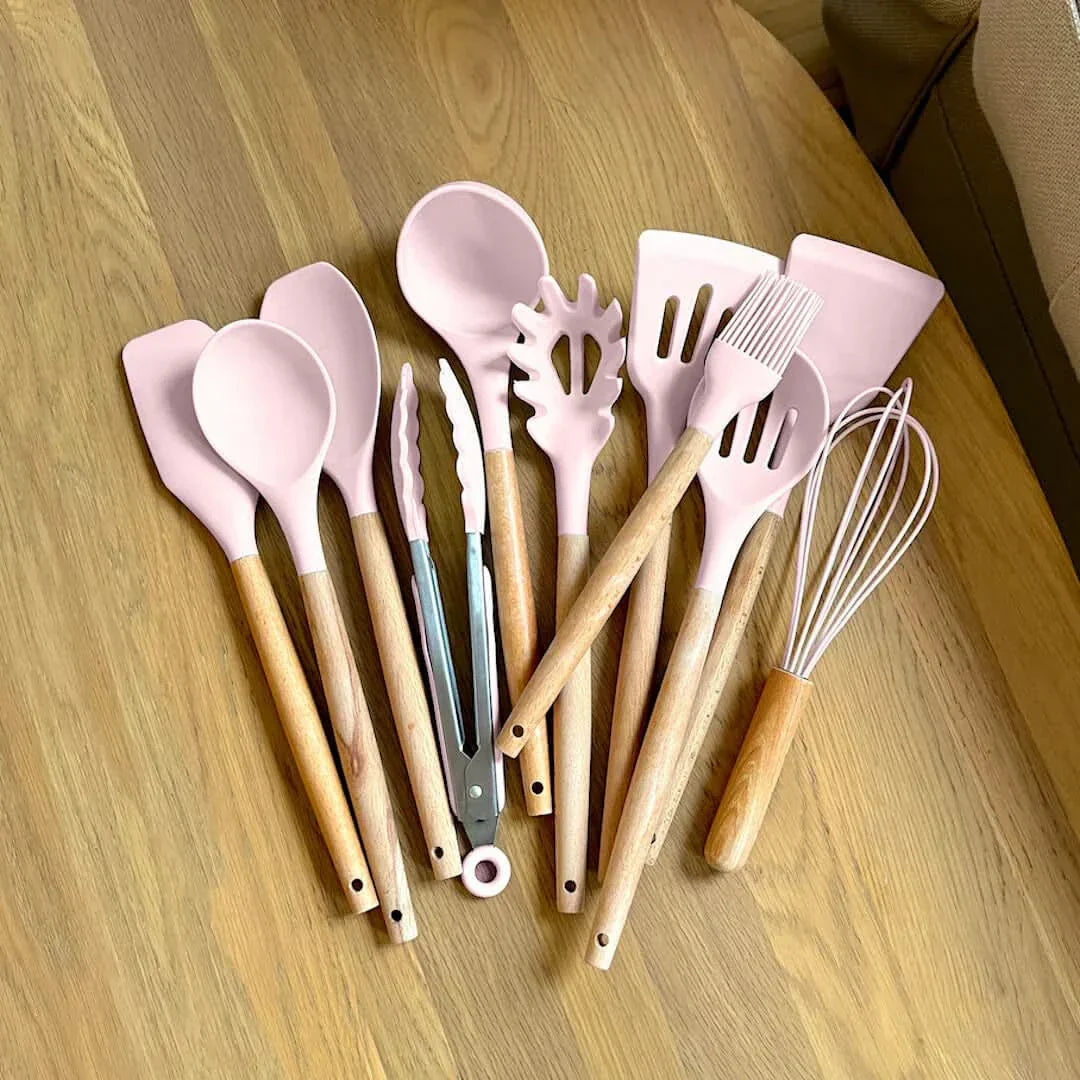 Maliben | Non-Toxic Bpa-Free Silicone Cooking Utensil Set With Wooden Handles Lattea