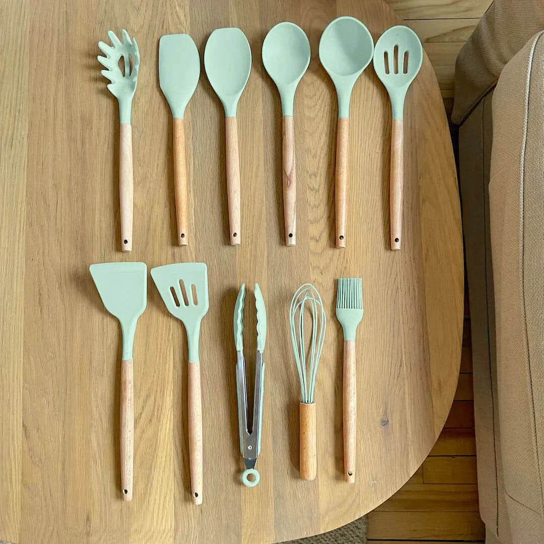 Maliben | Non-Toxic Bpa-Free Silicone Cooking Utensil Set With Wooden Handles Lattea