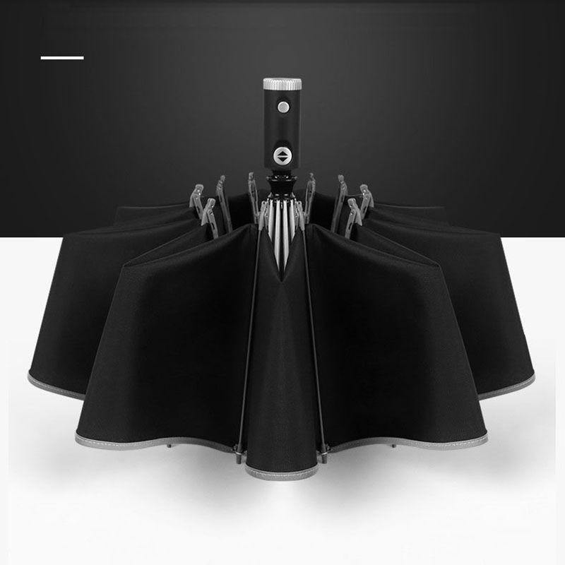 Maliben | Automatic Reverse Led Light Umbrella With Reflective Strip, Three-Fold Foldable, Inverted, 10 Ribs, Windproof Umbrellas For Travel