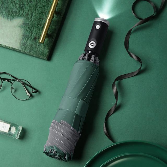 Maliben | Automatic Reverse Led Light Umbrella With Reflective Strip, Three-Fold Foldable, Inverted, 10 Ribs, Windproof Umbrellas For Travel
