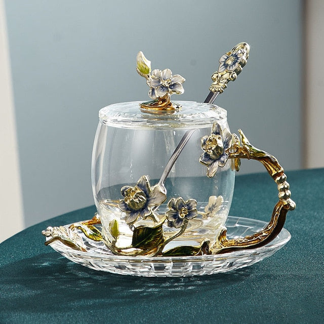 Maliben | Handcrafted Enamel Flower Glass Mug FOr Couples Love Gift Can Serve Coffee, Flavored Tea or Even Lemon Juice In