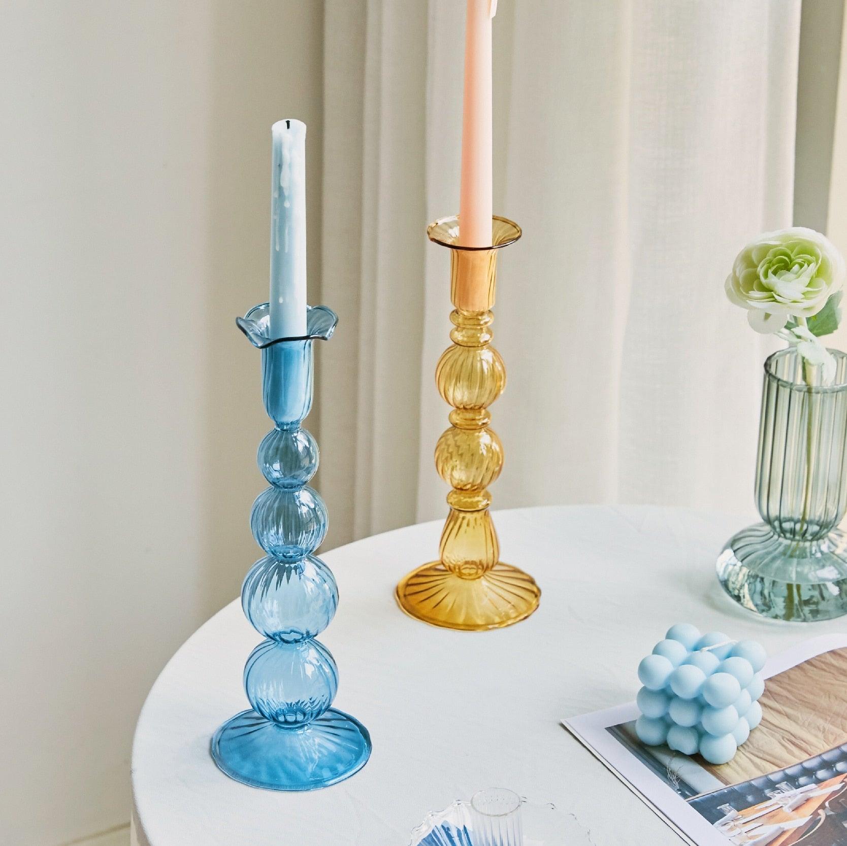 Maliben | Glowcharm Pastel Glass Candle Holder | Decorative Candle Stands | Elegant Table Decor