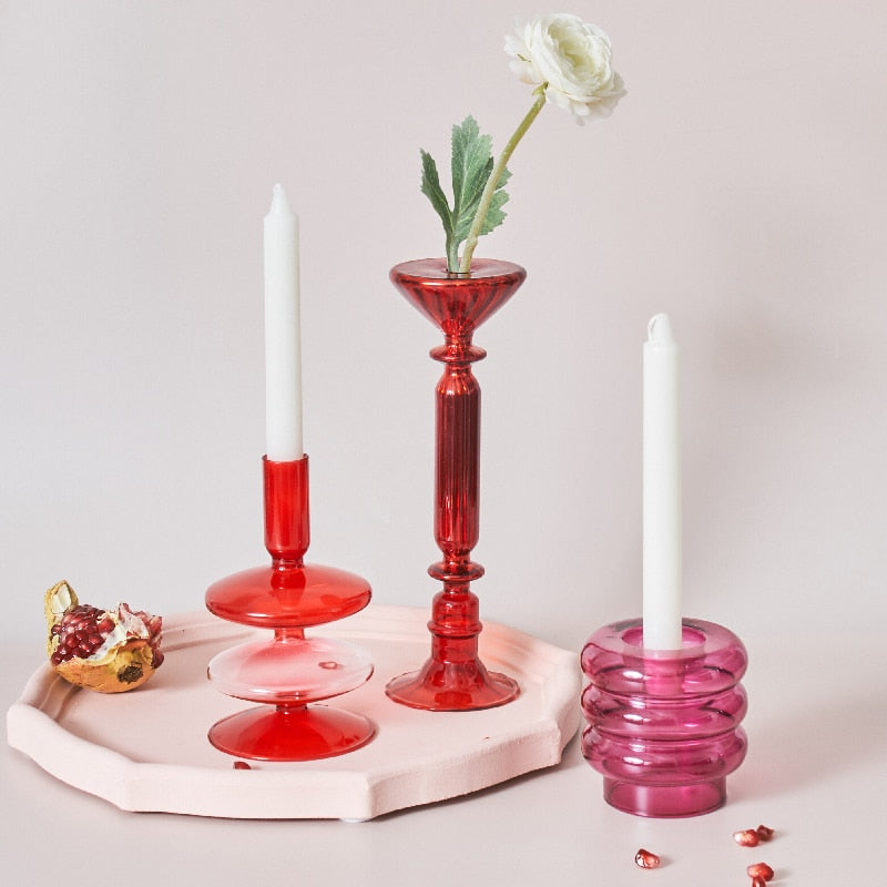 Maliben | Cherry Red Glass Stick Candle Holder & Vases