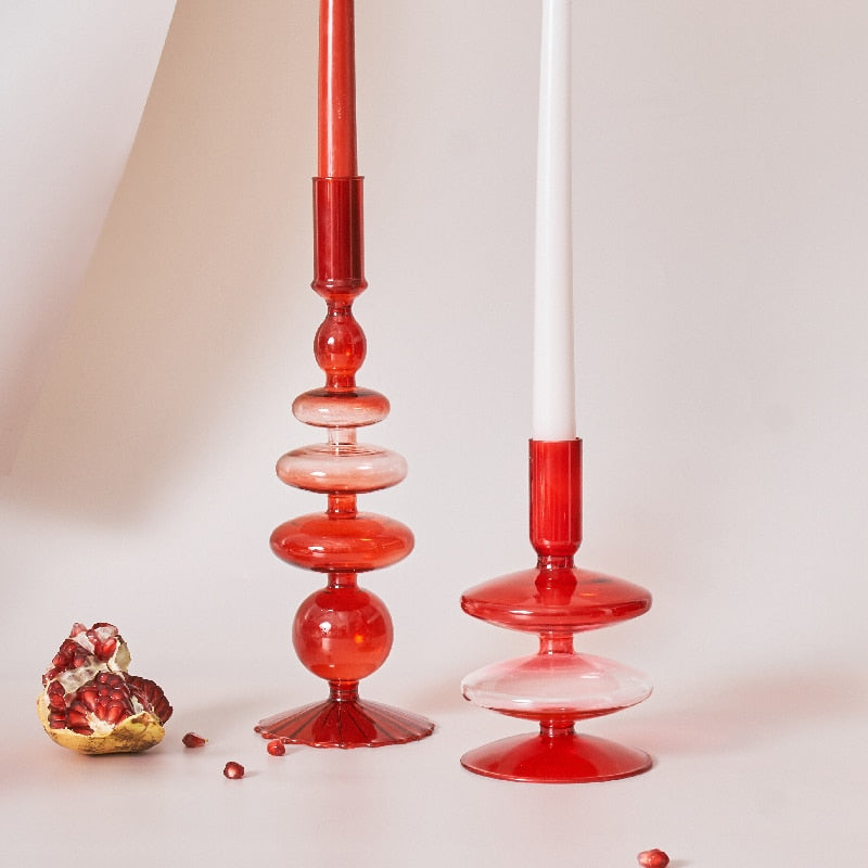 Maliben | Cherry Red Glass Stick Candle Holder & Vases