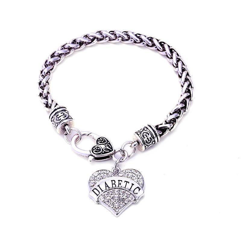 Maliben | Womens Diabetic Medical Alert Id Bracelet - Pink, Blue, Clear Or Red Crystal Hearts - Diabetes