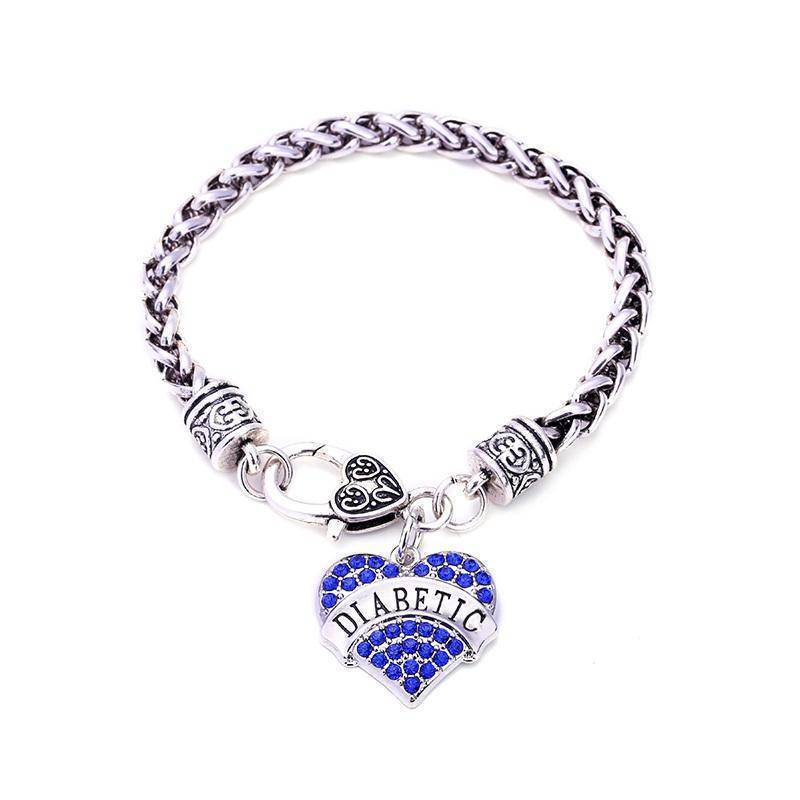 Maliben | Womens Diabetic Medical Alert Id Bracelet - Pink, Blue, Clear Or Red Crystal Hearts - Diabetes