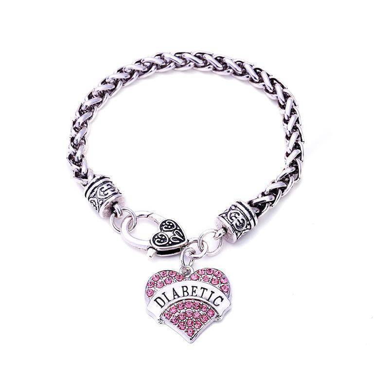 Maliben | Womens Diabetic Medical Alert Id Bracelet - Pink, Blue, Clear Or Red Crystal Hearts - Diabetes