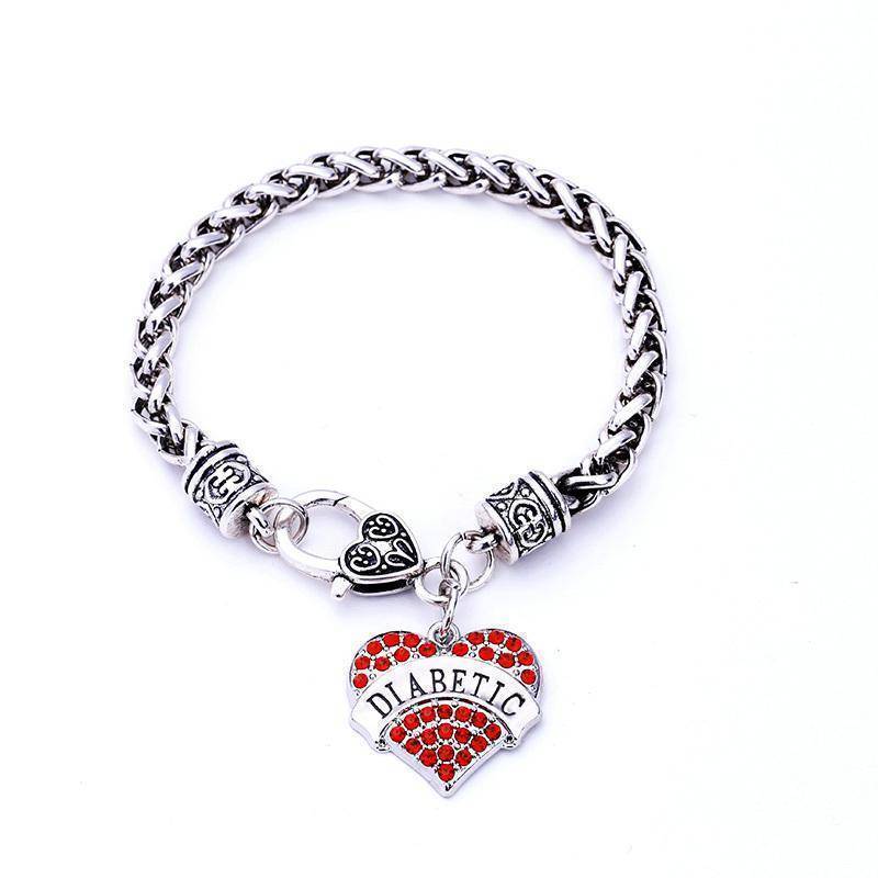 Maliben | Womens Diabetic Medical Alert Id Bracelet - Pink, Blue, Clear Or Red Crystal Hearts - Diabetes