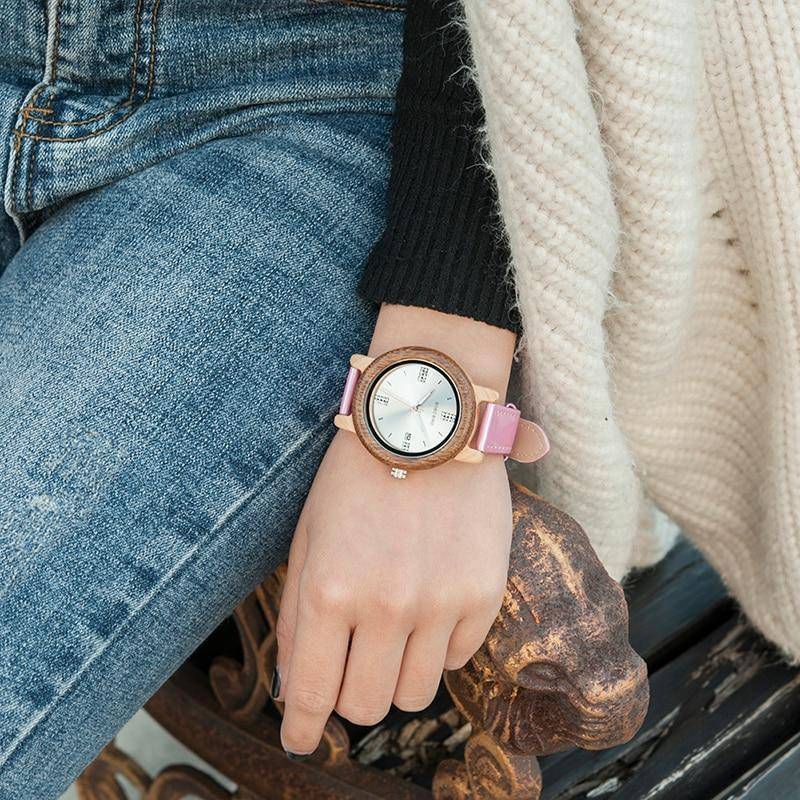 Maliben | Womens Wooden Watch (Pink Or Red) With Date Display