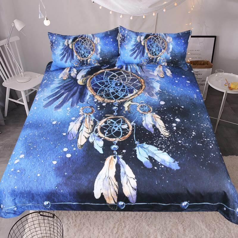 Maliben | 3pcs Dreamcatcher Feather Blue Printed Duvet Cover Bedding Set