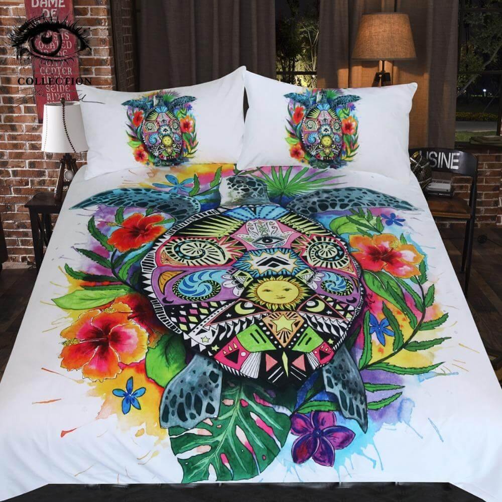 Maliben | 3pcs Luxury Turtle Life Tortoise Colorful Home Comfortable Duvet Cover Bedding Set