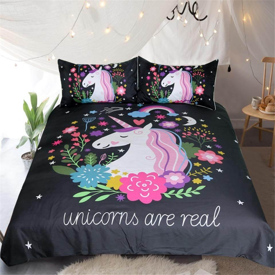 Maliben | Unicorn Floral Girl Kids Cartoon Comfortable Duvet Cover Bedding Set