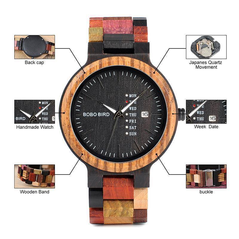 Maliben | Mens Wooden Watch With Week Date Display In Wood Gift Box