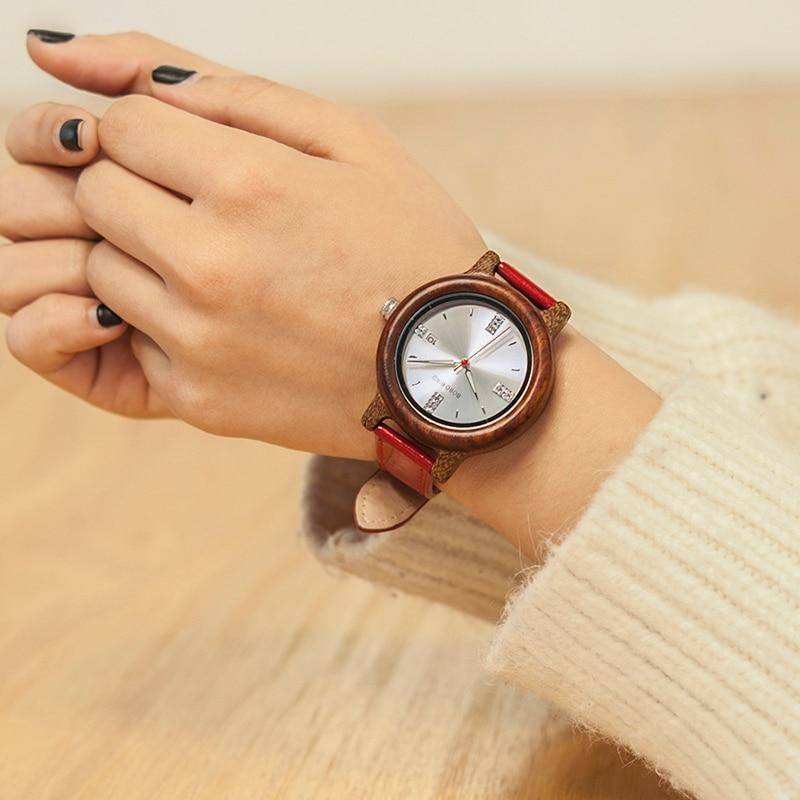Maliben | Womens Wooden Watch (Pink Or Red) With Date Display