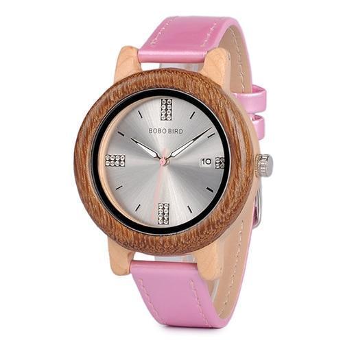 Maliben | Womens Wooden Watch (Pink Or Red) With Date Display