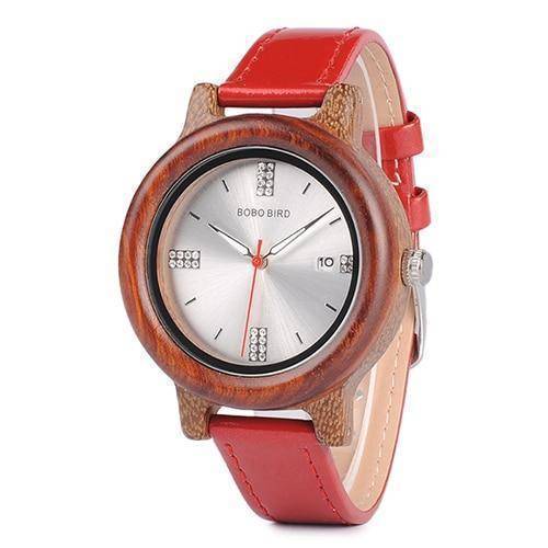 Maliben | Womens Wooden Watch (Pink Or Red) With Date Display