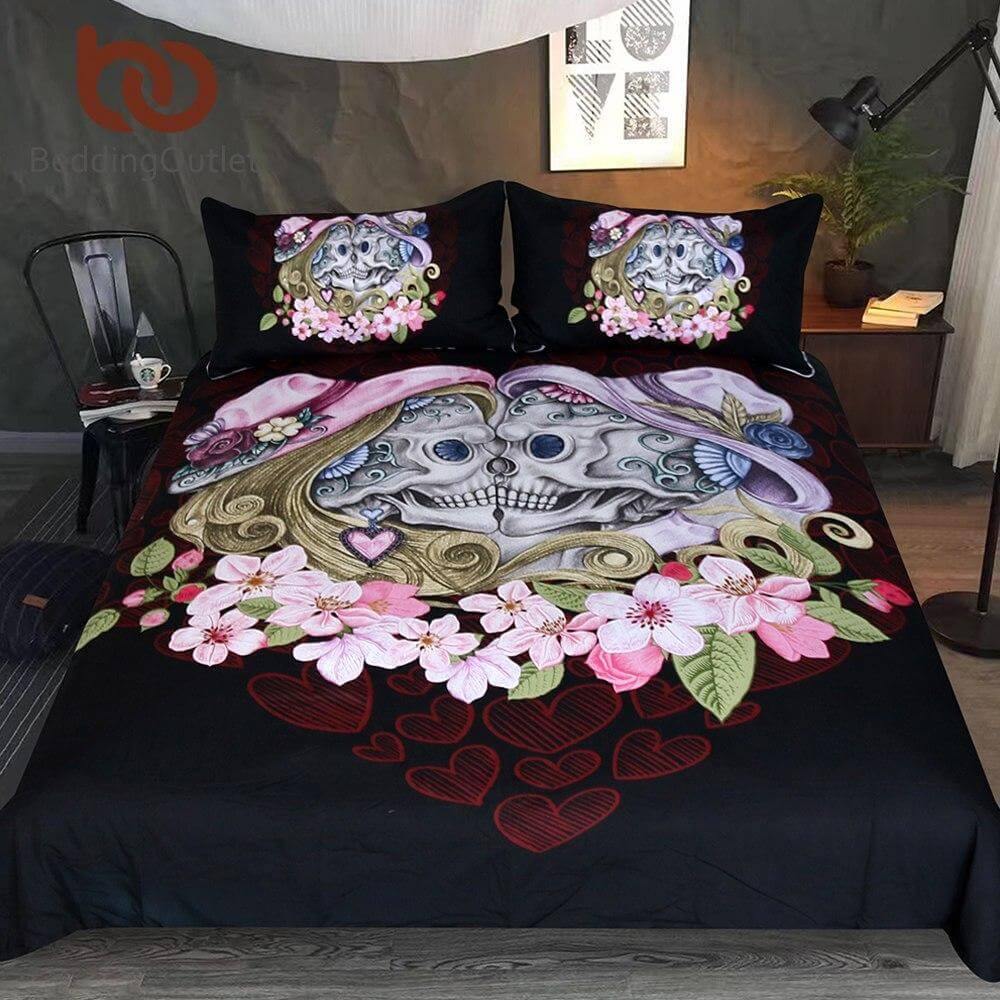 Maliben | 3pcs Gothic Couple Skull Pink Comfortable Duvet Cover Bedding Set