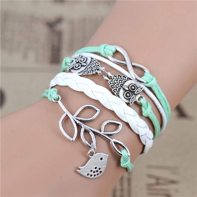 Maliben | New Fashion Infinity Owl Olive Branch Multilayer Bracelet , Sky Green Bracelet