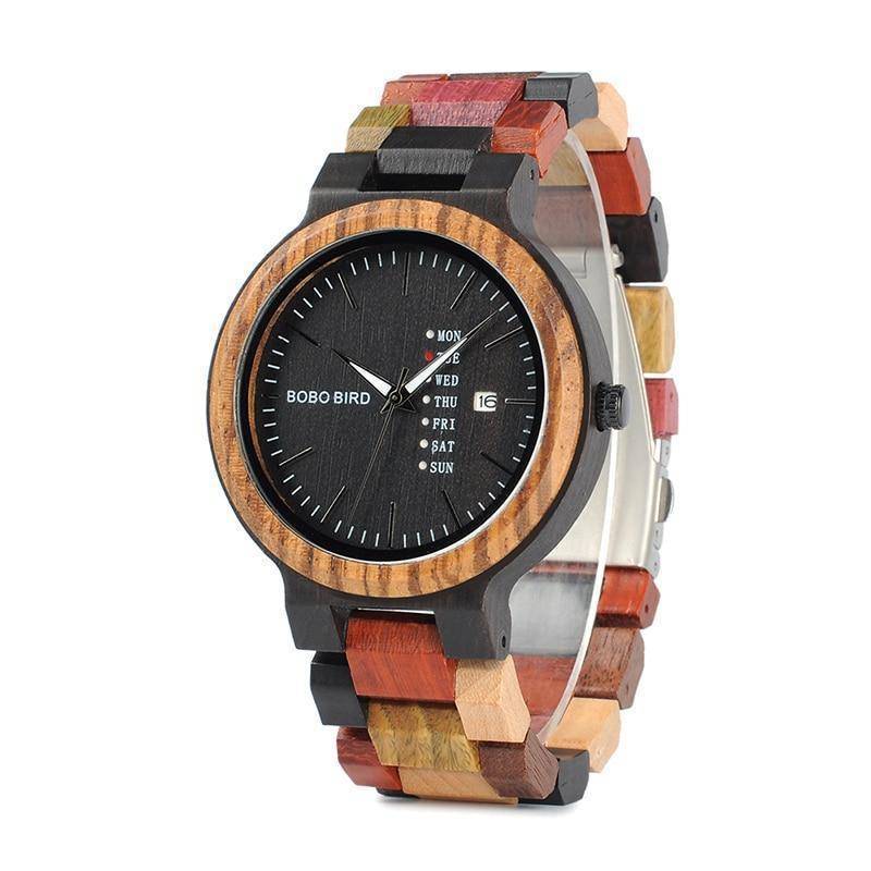 Maliben | Mens Wooden Watch With Week Date Display In Wood Gift Box