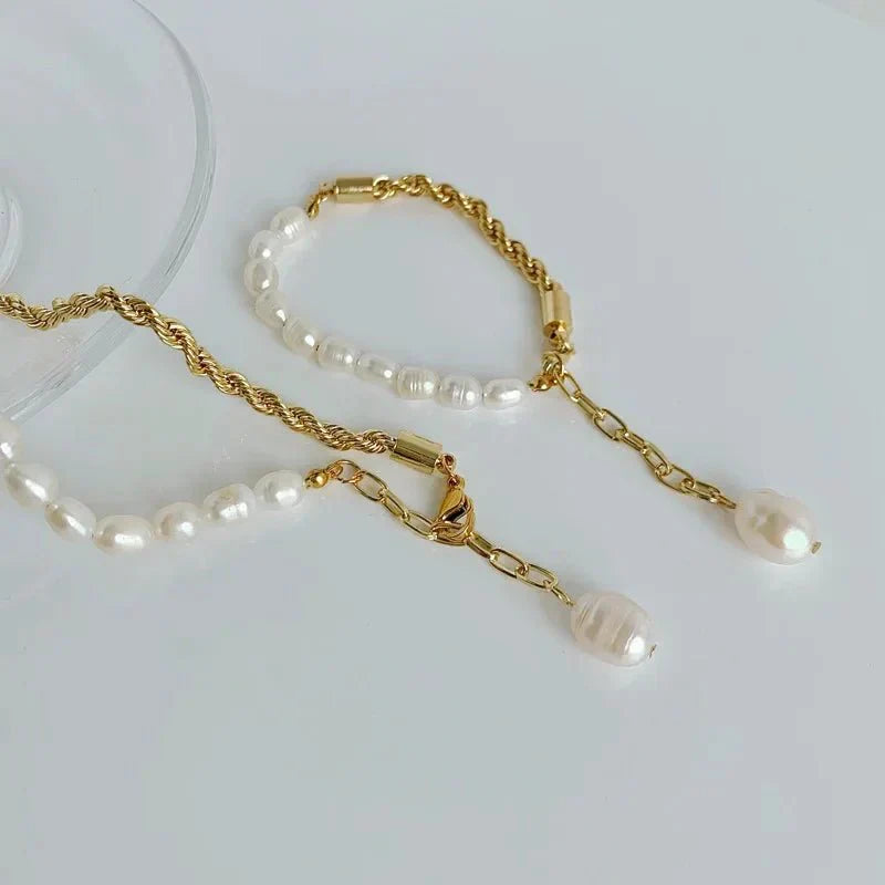 Maliben | Rope Chain Pearl Contrast Bracelet And Necklace