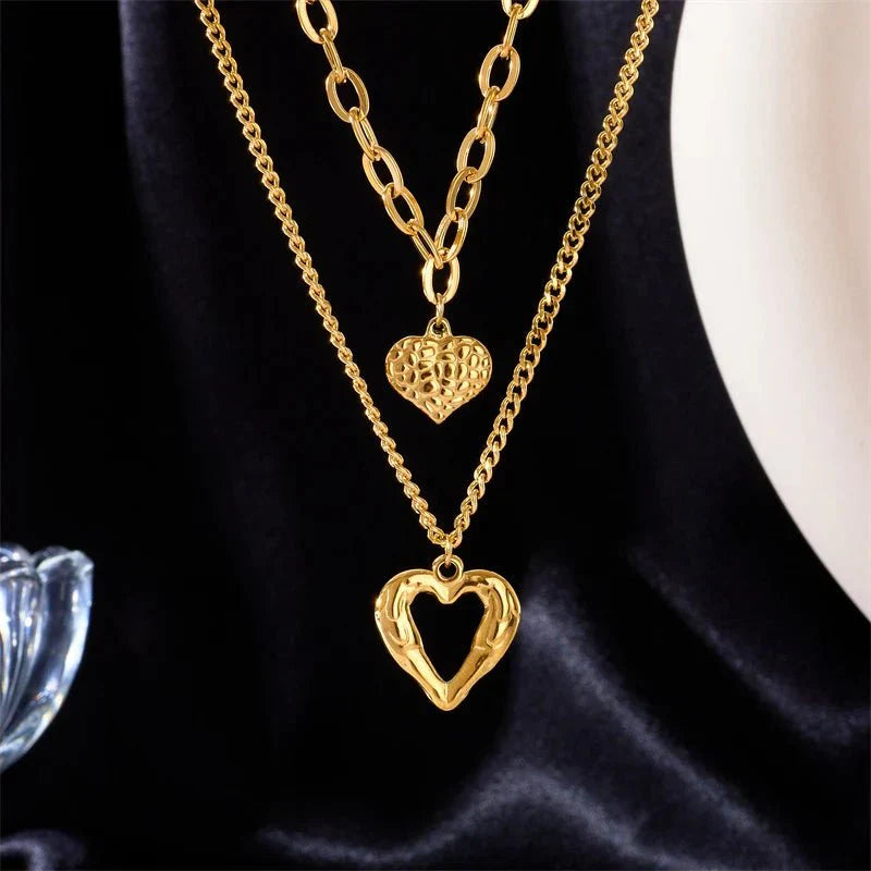Maliben | Stacked Golden Heart Contrast Necklaces