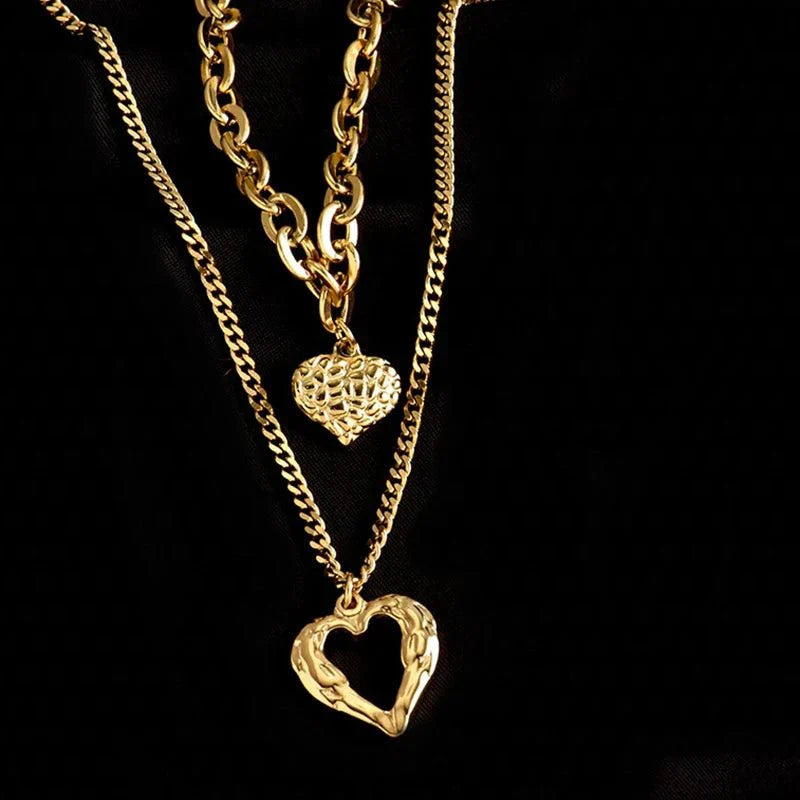 Maliben | Stacked Golden Heart Contrast Necklaces