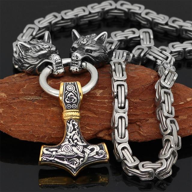 Maliben | 60–90 cm Stainless Steel Double Wolf Head & Mjolnir Survival Spirit Necklace/Bracelet