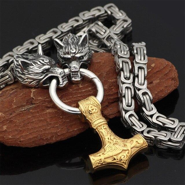 Maliben | 60–90 cm Stainless Steel Double Wolf Head & Mjolnir Survival Spirit Necklace/Bracelet