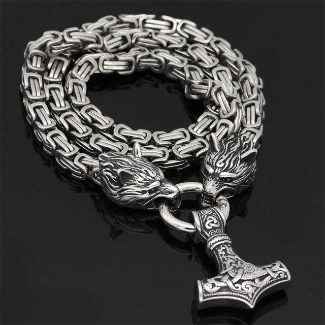Maliben | 60–90 cm Stainless Steel Double Wolf Head & Mjolnir Survival Spirit Necklace/Bracelet