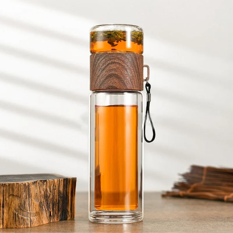 Maliben | Woodglass Thermo – Transparent Portable Insulated Bottle With Tea Filter For Healthy Drinks On-The-Go