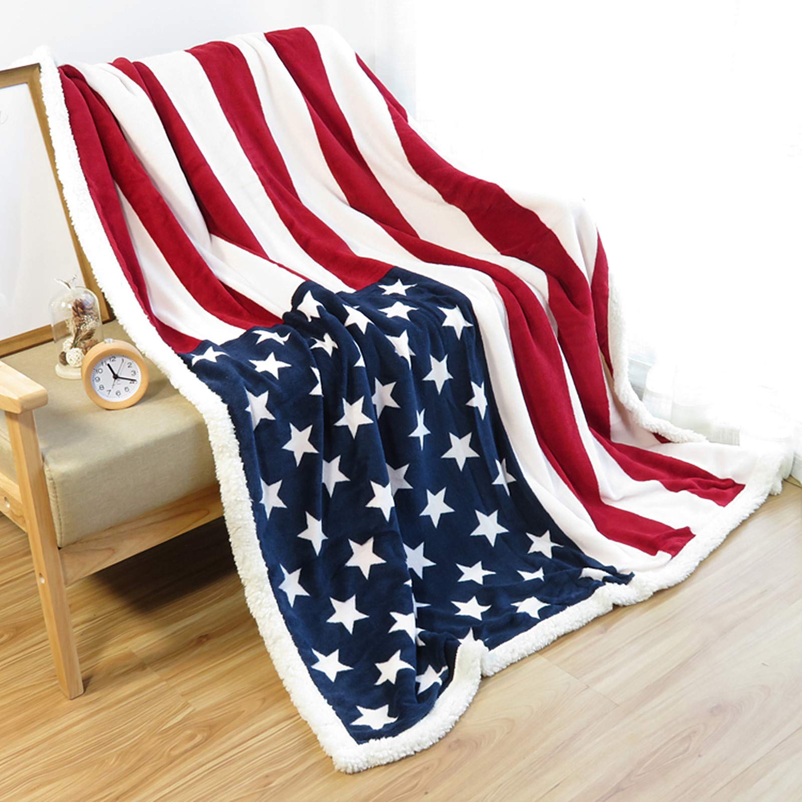 Maliben Flannel-Sherpa Blanket with American Flag