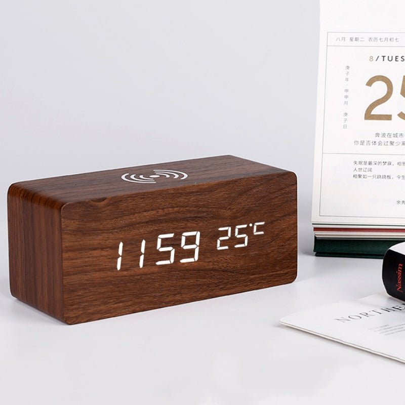 Maliben | Wood Electric Alarm Clock with Wireless Charging Pad